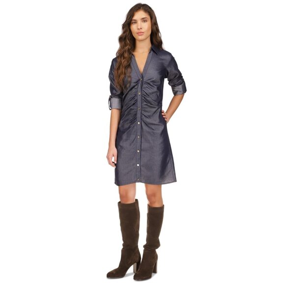 MICHAEL KORS Women Ruched-Front Roll-Tab-Sleeve Shirtdress Blue Size S MSRP $165 - Picture 1 of 2